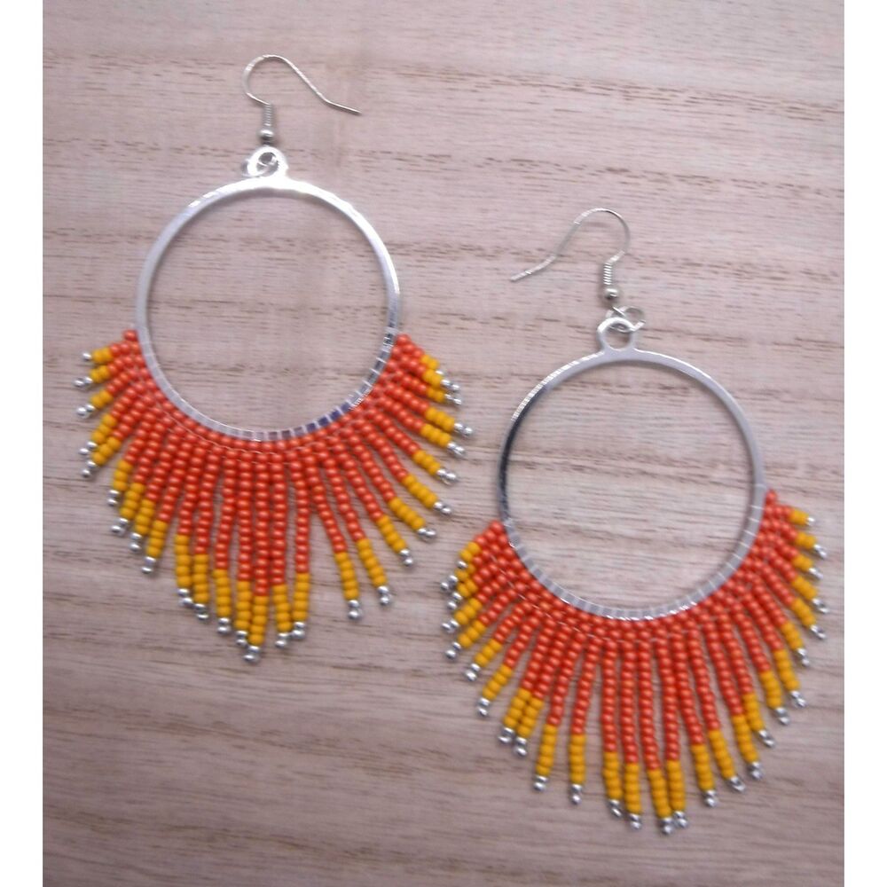 Earrings Beaded Orange, Yellow & Silver
